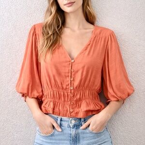 Marc New York Coral Peasant Blouse Smocked Waist Button V Neck Puff Sleeve Top M